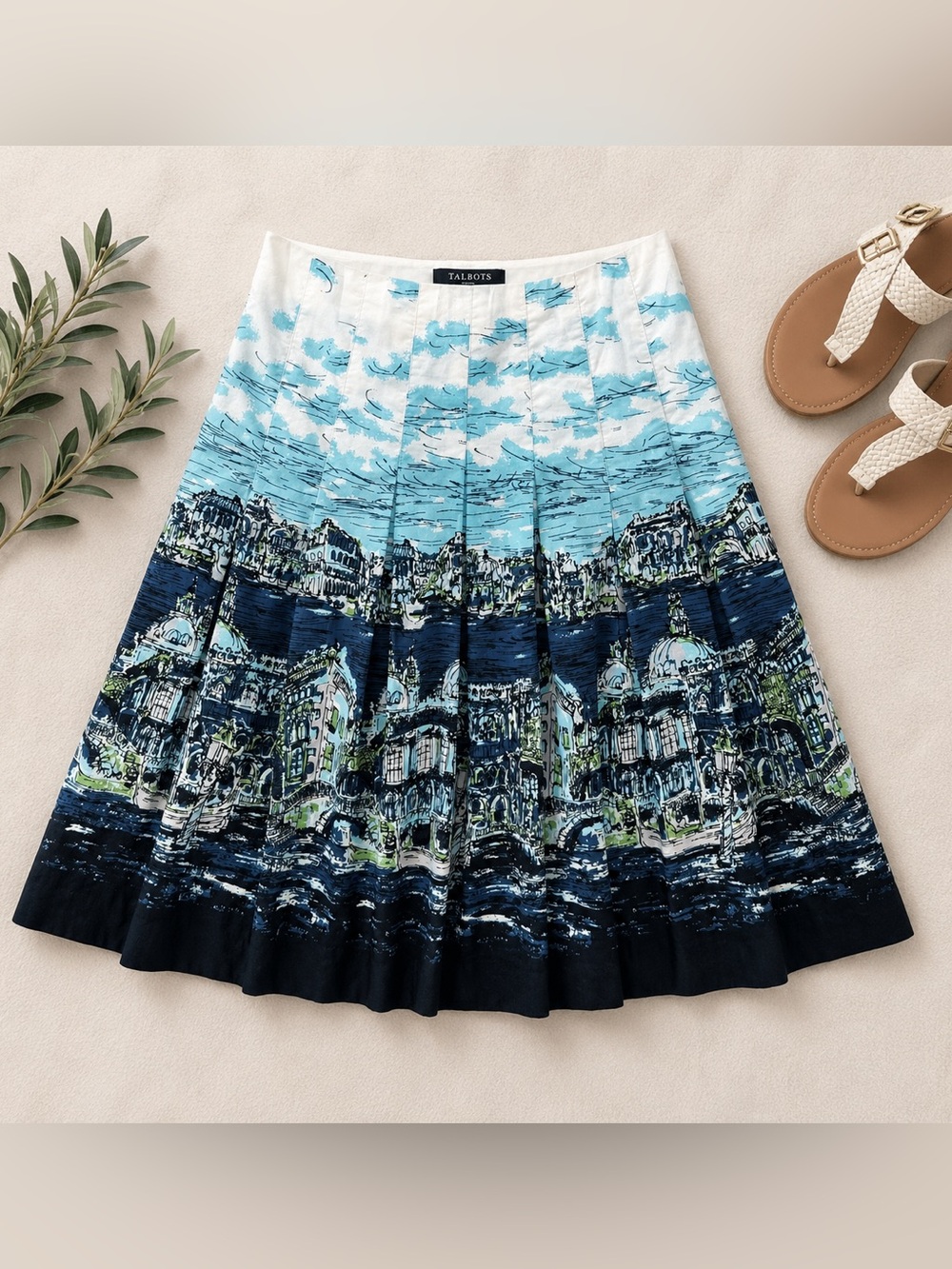 Talbots Venice Print Pleated A-Line Skirt Blue White Travel 4P - Picture 15 of 16